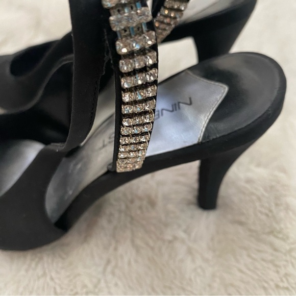 Nine West Black Satin Rhinestone Pointed Toe Slingback Heels Size 7 - Picture 8 of 11